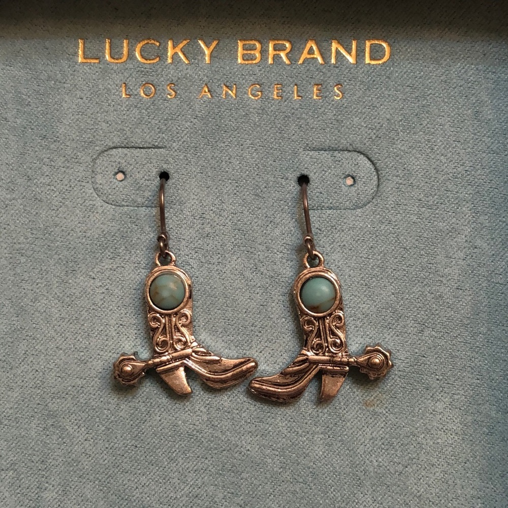 Lucky Brand Silver Tone Cowboy Boot Drop Earrings Turquoise Accent NWT